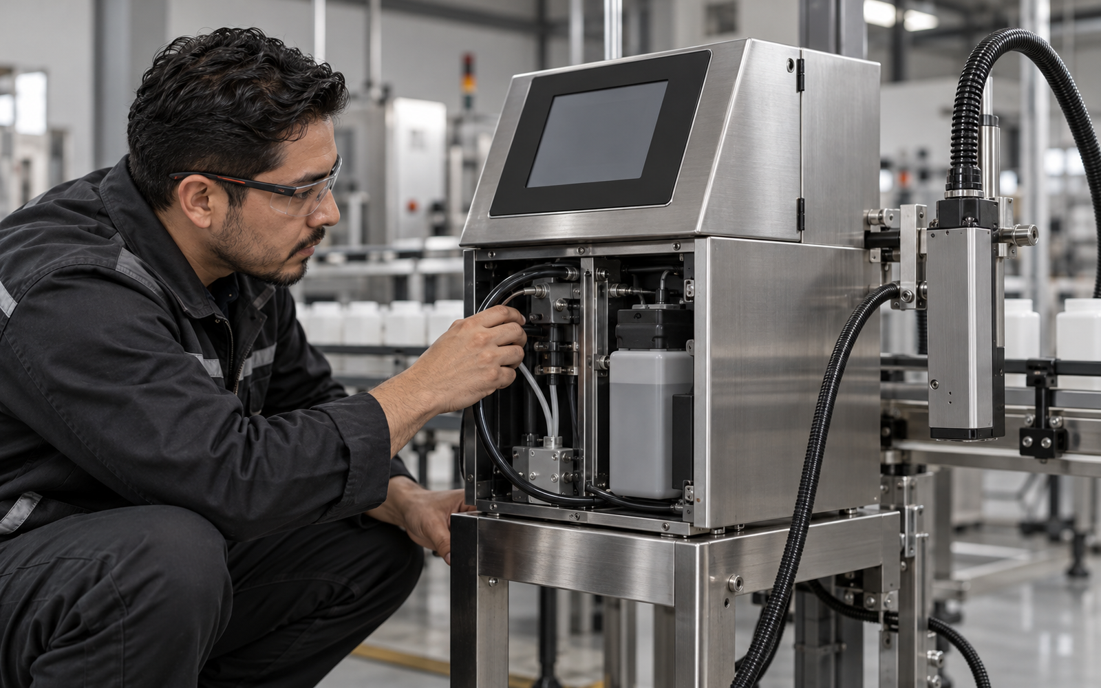 Técnico examinando una codificadora industrial genérica, escena ilustrativa.
