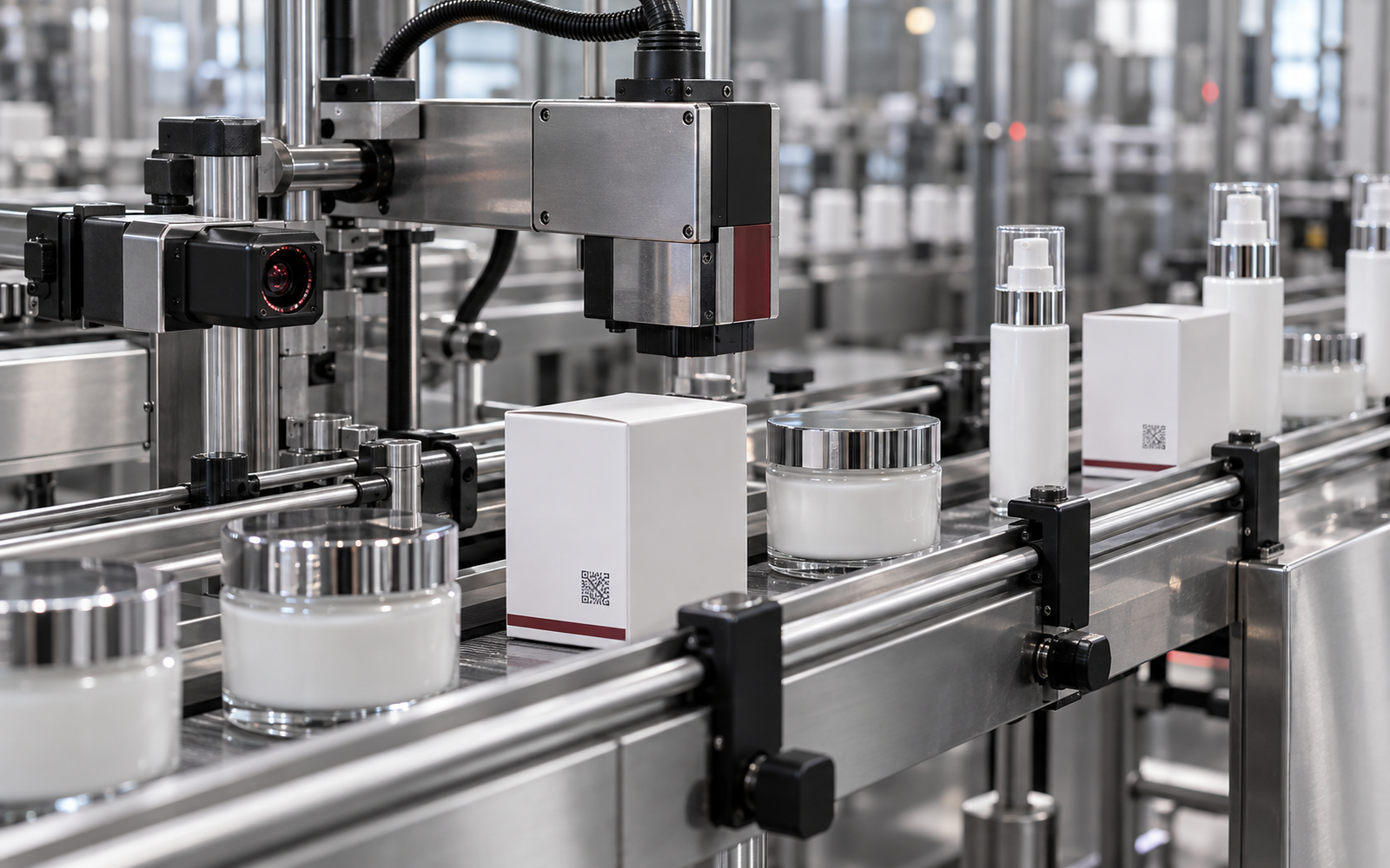 Empaques farmacéuticos y cosméticos en una línea de producción, escena ilustrativa.
