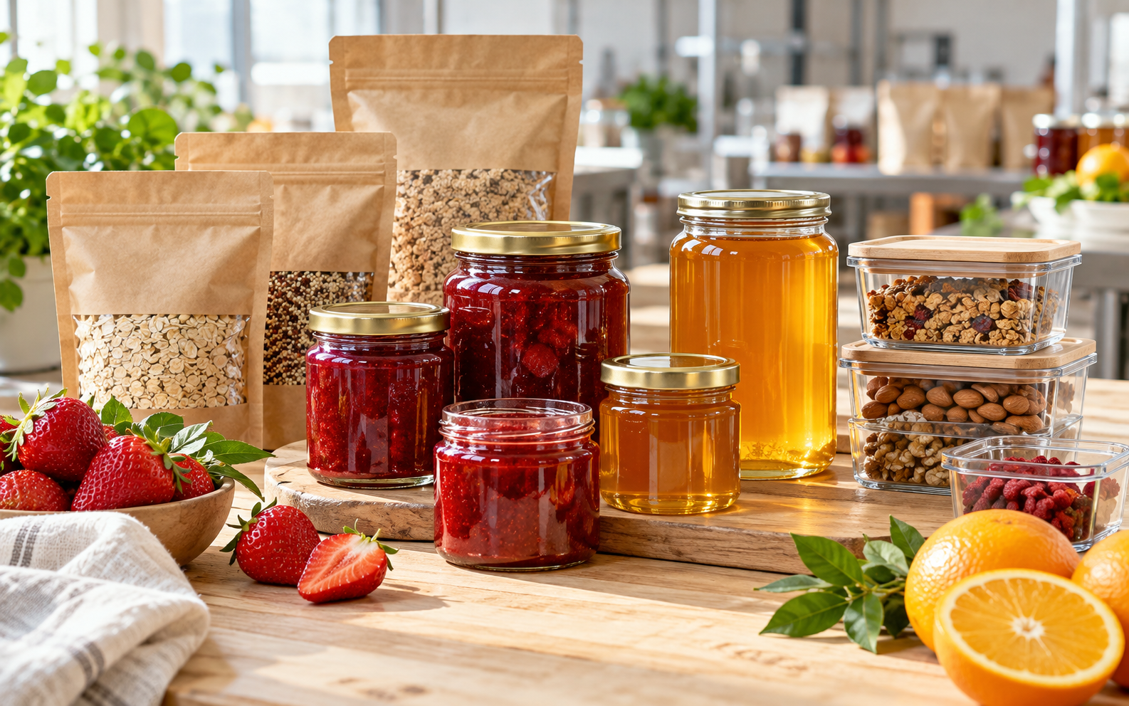 Frascos y empaques de alimentos con ingredientes frescos.