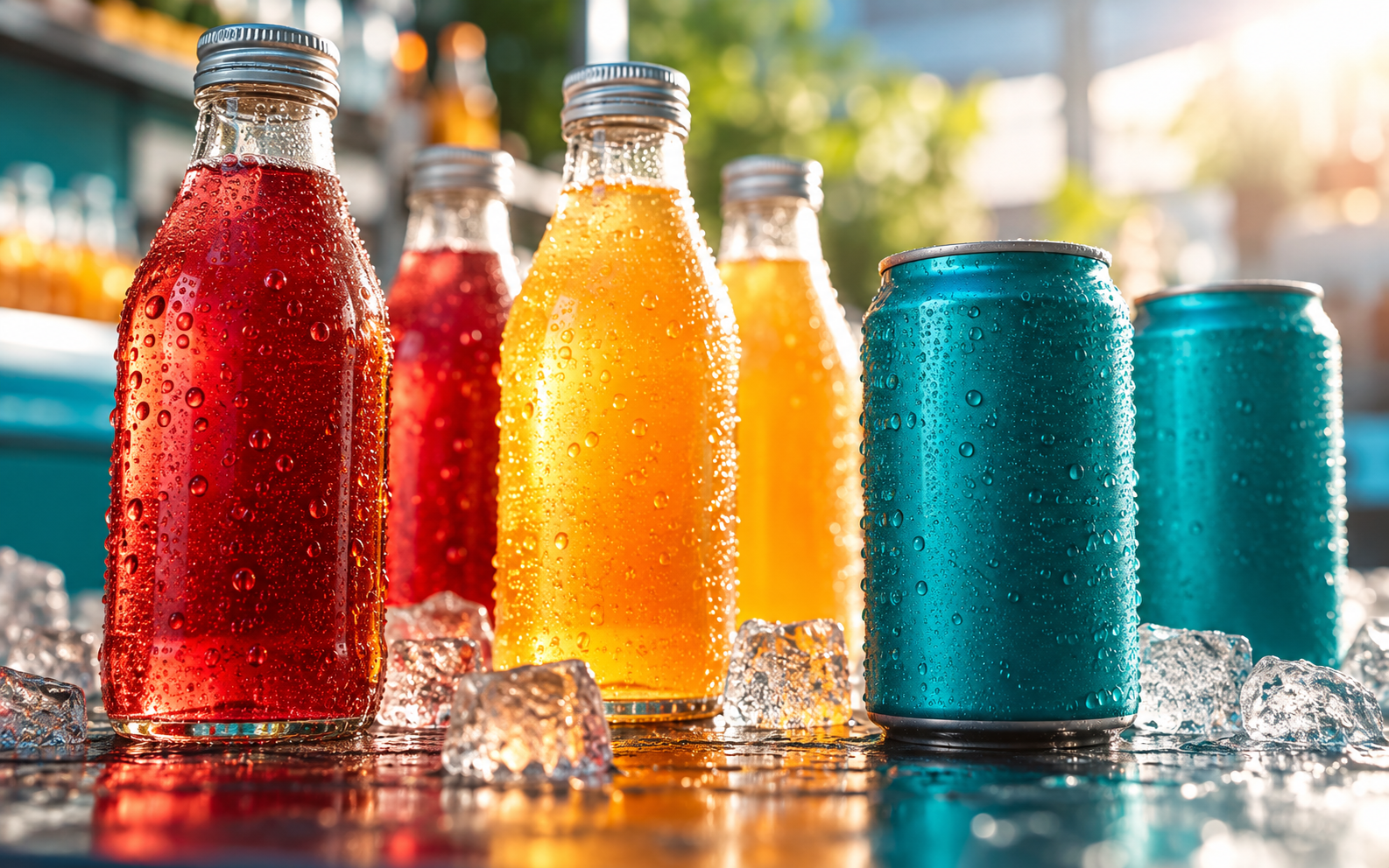 Bebidas en botellas transparentes y latas con condensación.