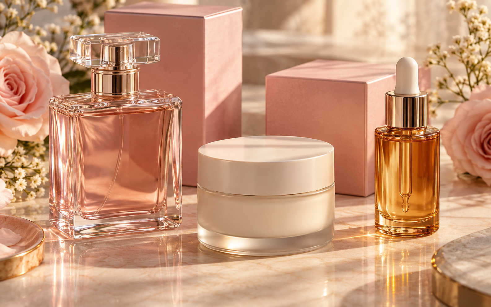 Perfume, crema y sérum en envases cosméticos.