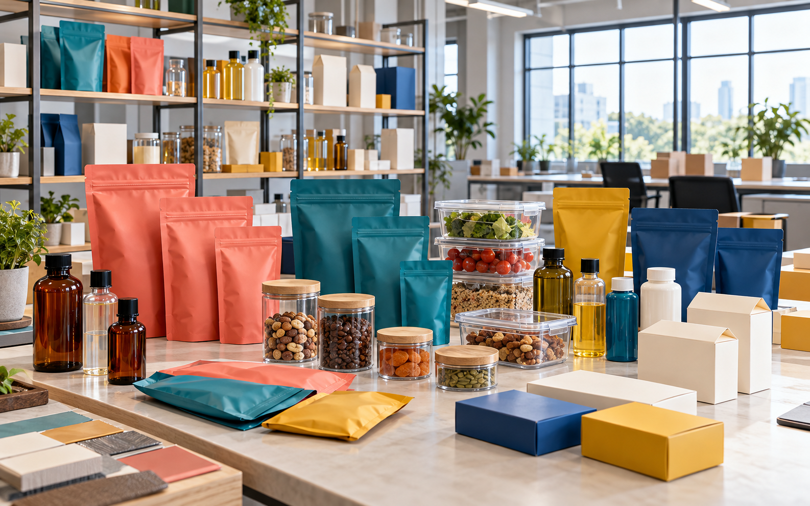 Muestras de envases, bolsas y cajas de distintos materiales.