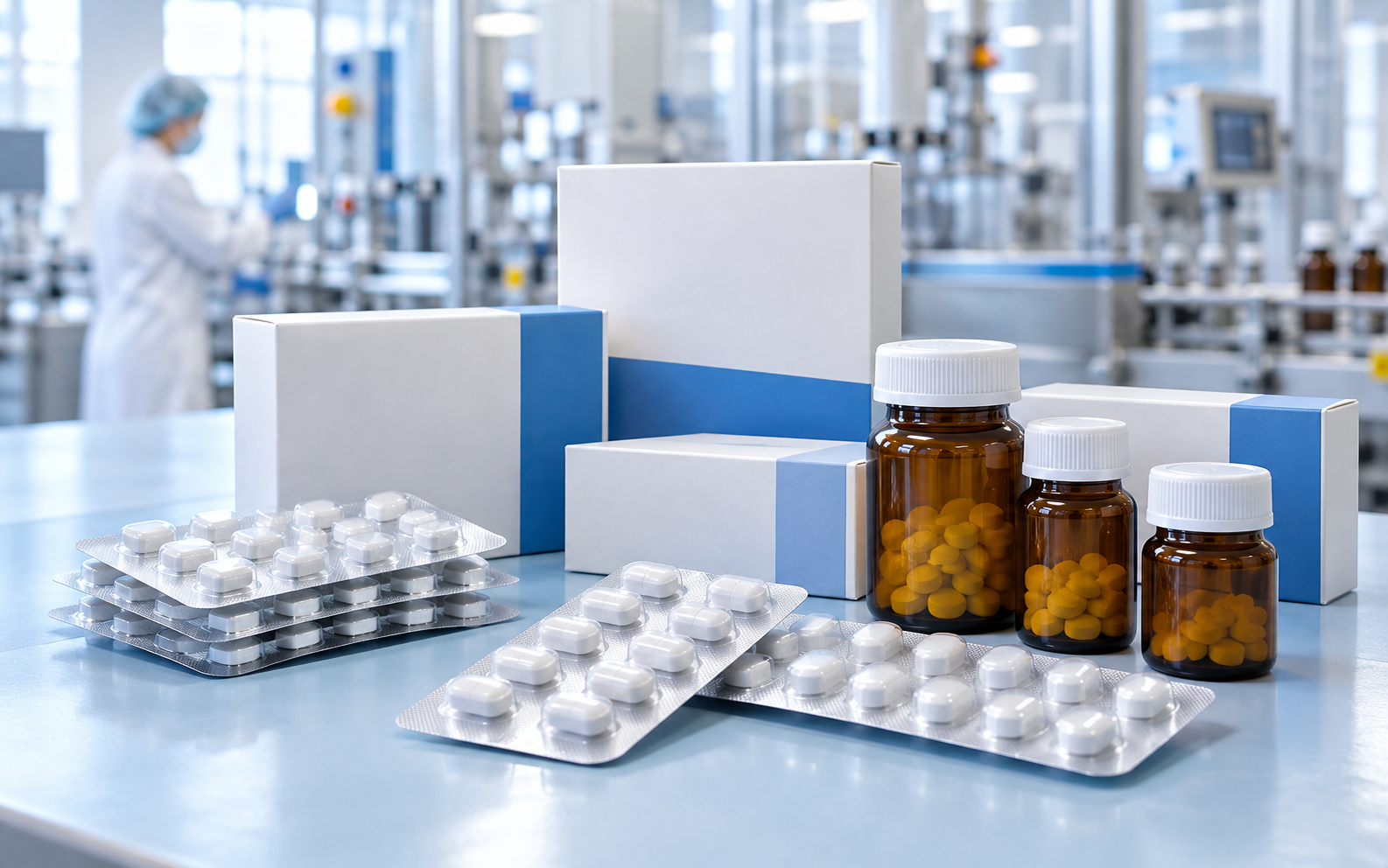 Frascos, cajas y blísteres de productos farmacéuticos.